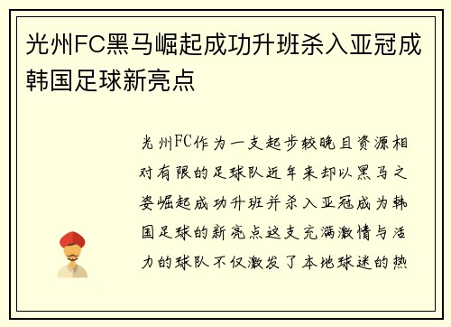 光州FC黑马崛起成功升班杀入亚冠成韩国足球新亮点