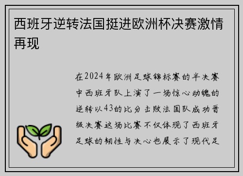 西班牙逆转法国挺进欧洲杯决赛激情再现